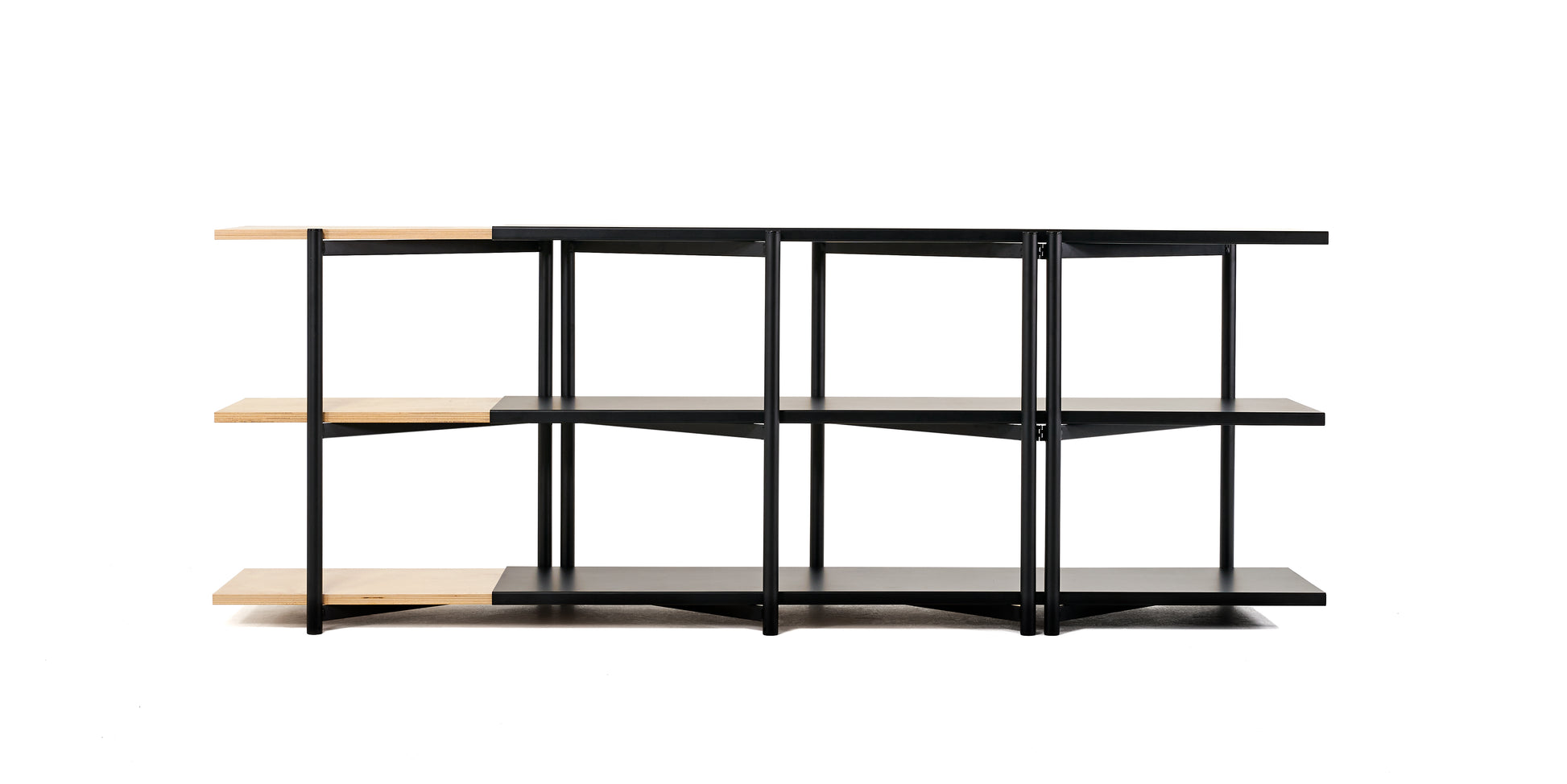  FLO Media Modular Shelving – black frame, front view, partial wood shelf deployment 