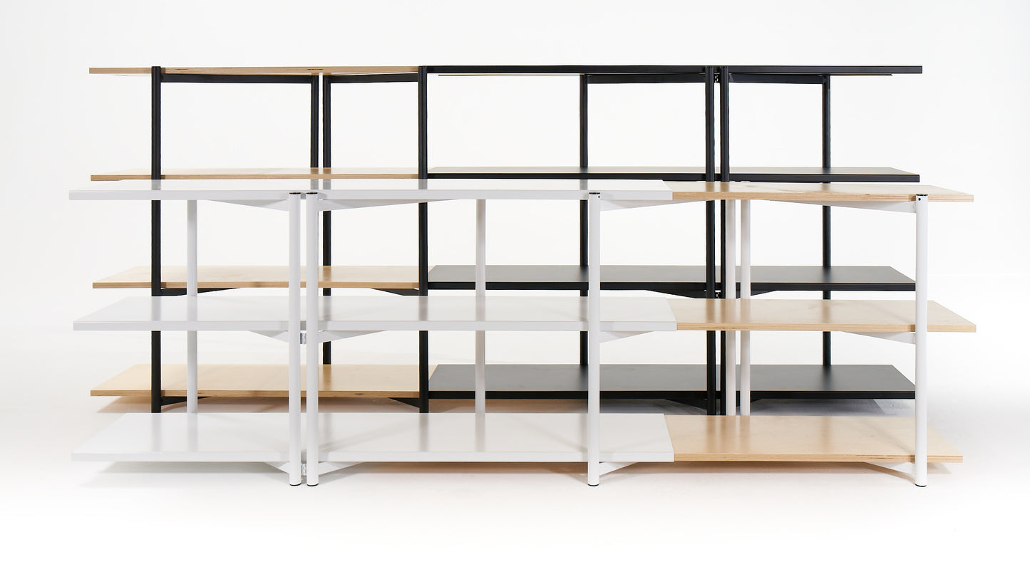 FLO Media Modular Shelving – white frame, 3/4 wood deployment, with black FLO shelf behind at 3/4 wood deployment 