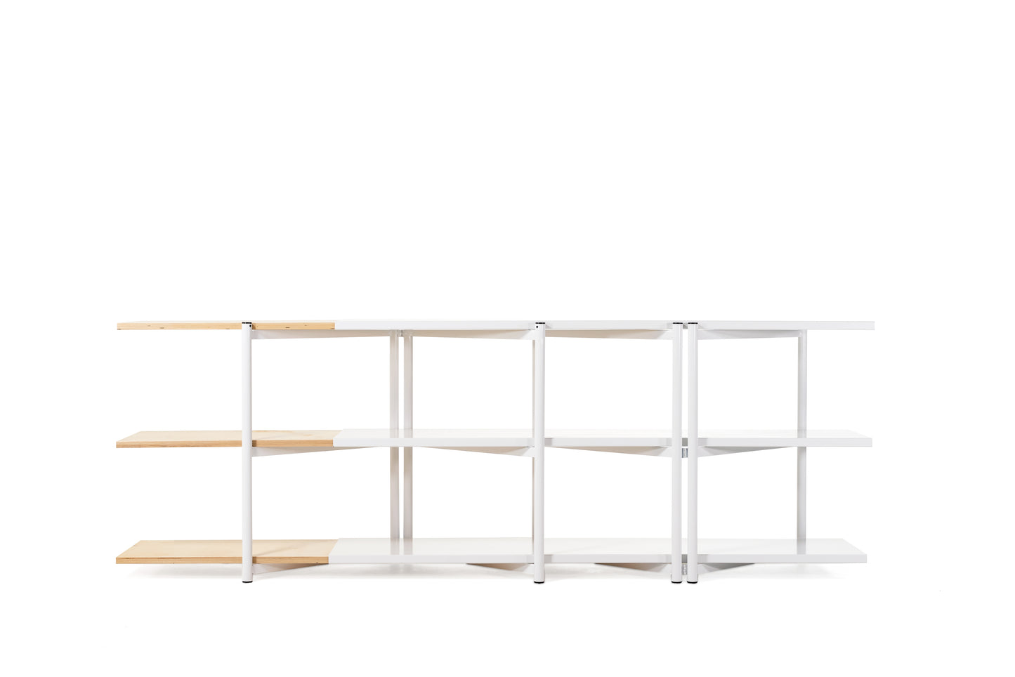 FLO Media Modular Shelving – white frame, front view, partial wood shelf deployment 