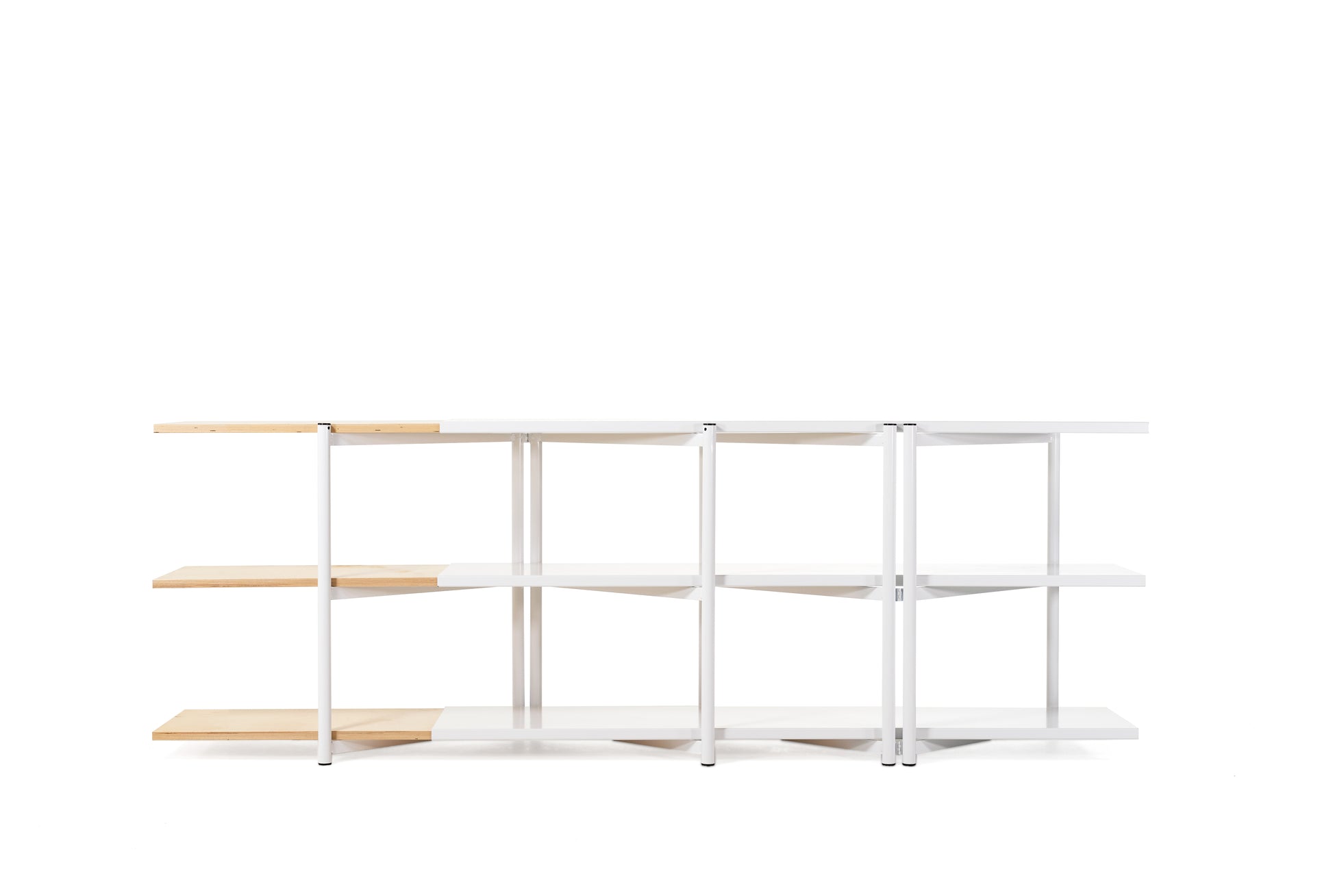 FLO Media Modular Shelving – white frame, front view, partial wood shelf deployment 
