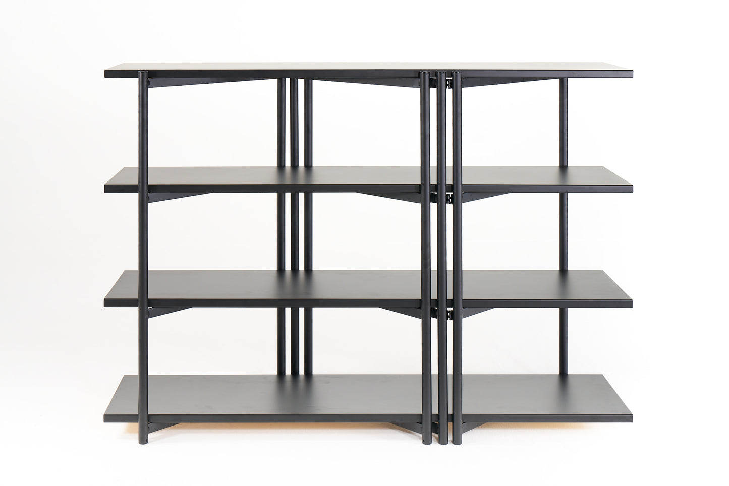 FLO Modular Shelving – black frame, front view, no wood shelf deployment 