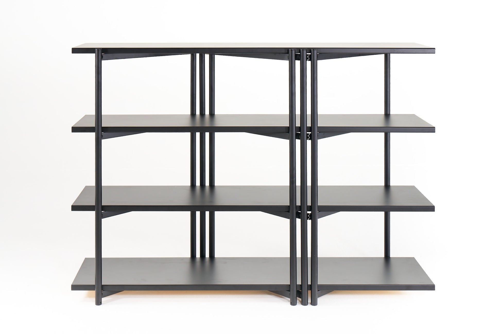 FLO Modular Shelving – black frame, front view, no wood shelf deployment 