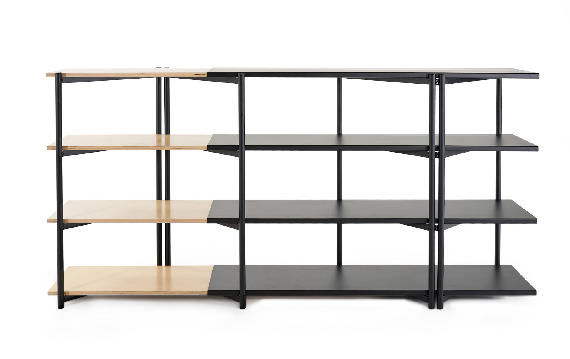 FLO Modular Shelving – black frame, front view, partial wood shelf deployment 