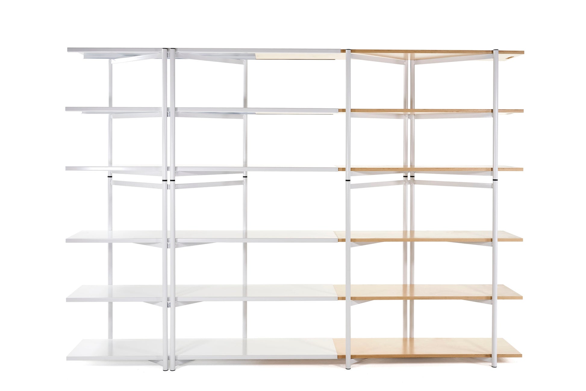 FLO Modular Shelving – two stacked white frames, front view, 3/4 wood shelf deployment 