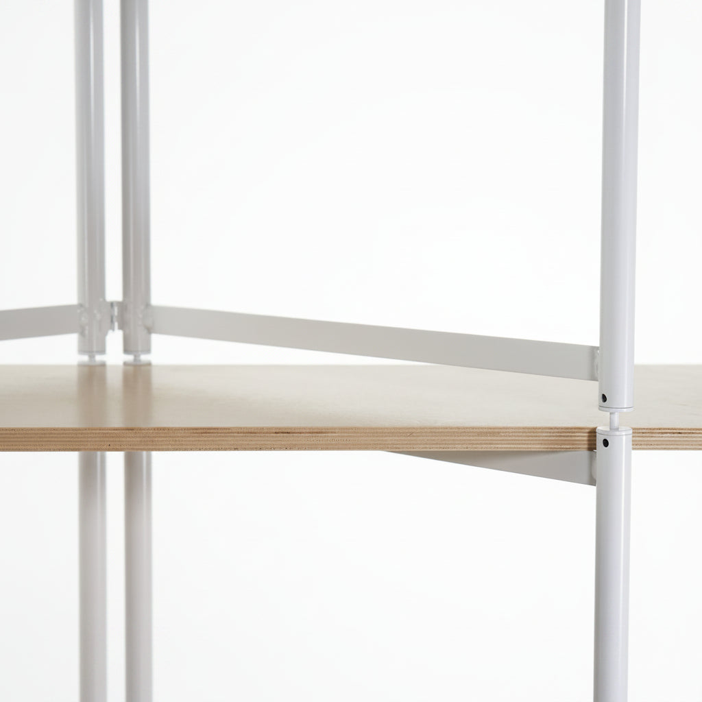 FLO Modular Shelving – view of wood shelf interaction with ladder frame in stacked configuration