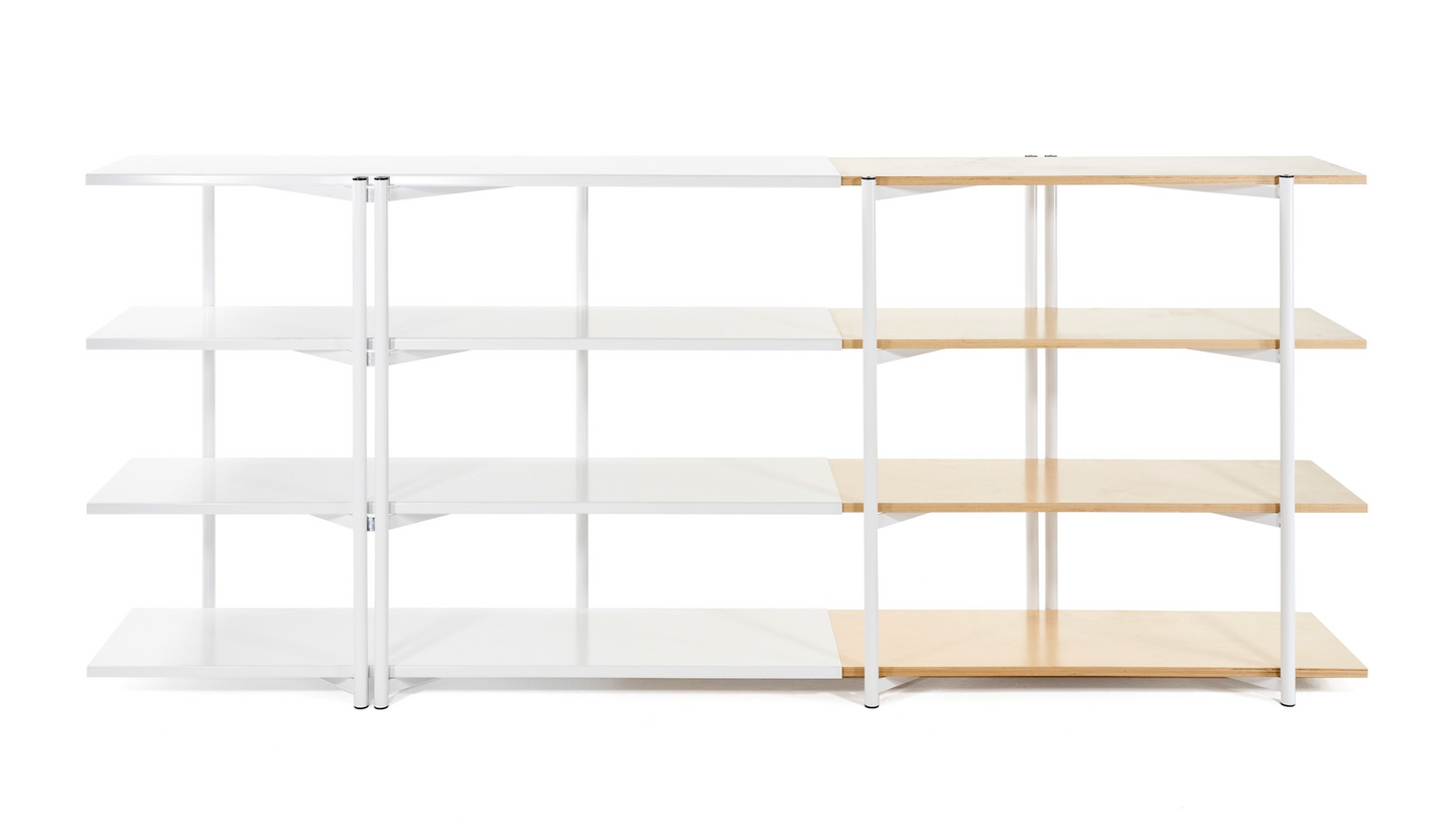 FLO Modular Shelving – white frame, front view, 3/4 wood shelf deployment 