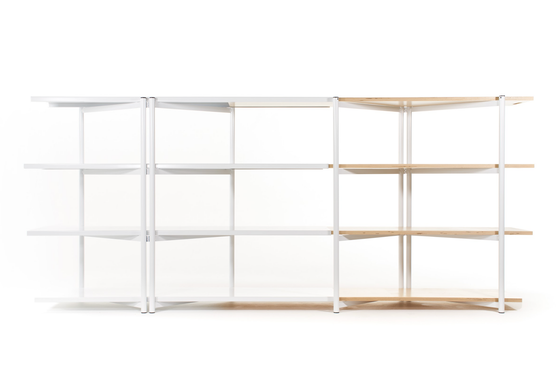 FLO Modular Shelving – white frame, front view, partial wood shelf deployment 