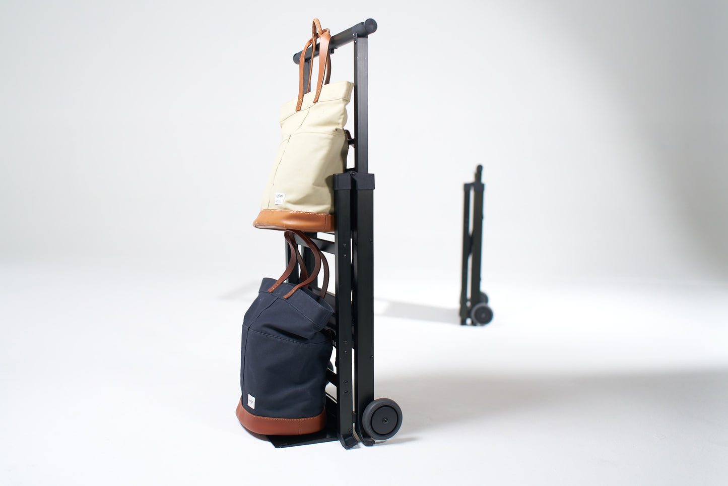 SU Folding Ladder Cart – dolly mode with bike panniers, 3/4 view