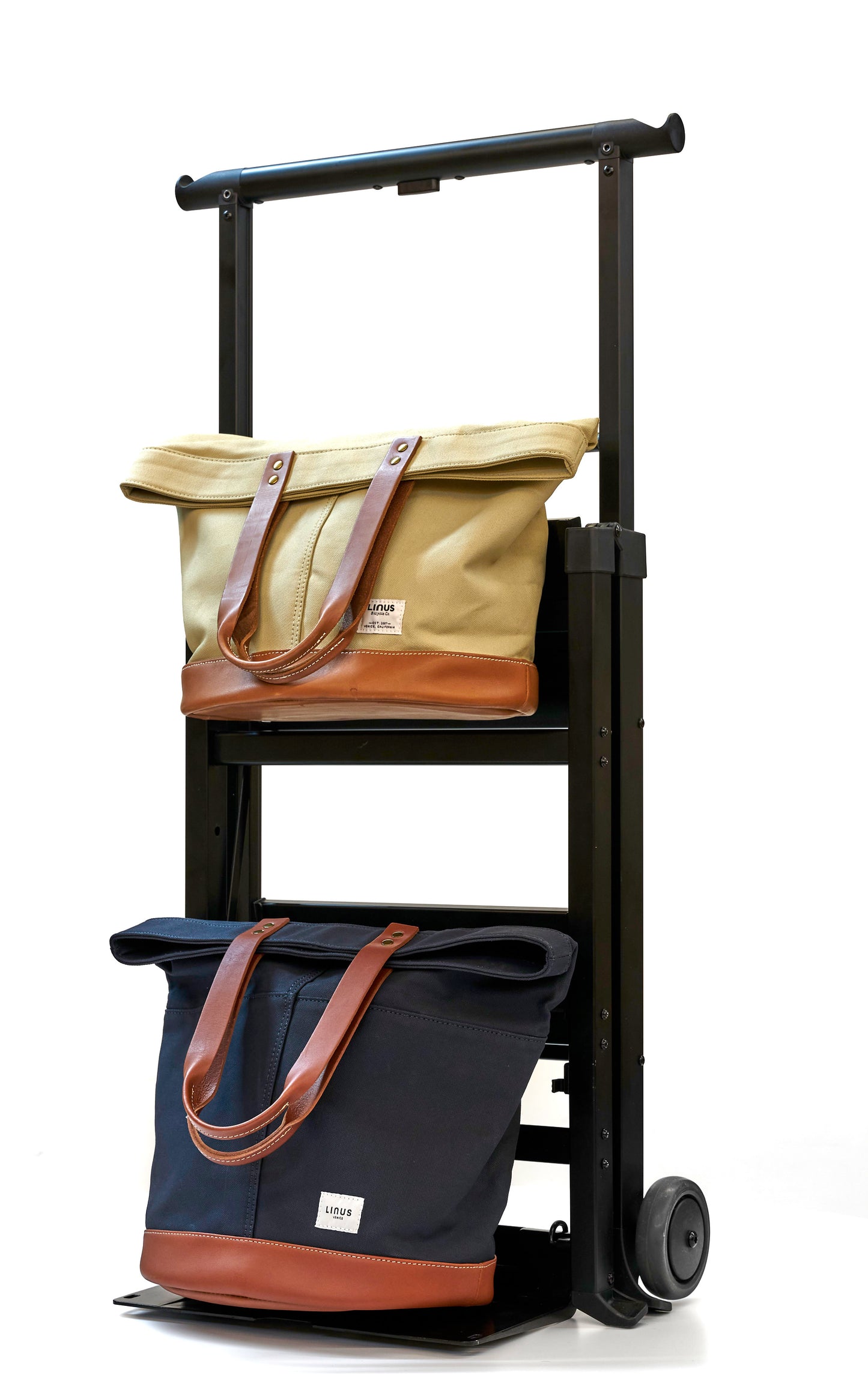 SU Folding Ladder Cart – dolly mode with bike panniers, 3/4 view