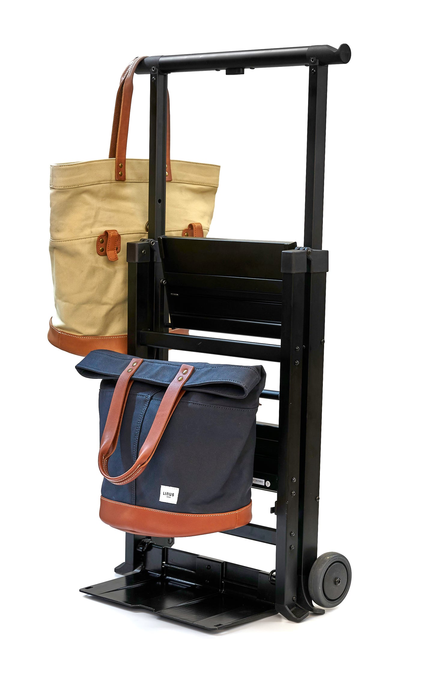 SU Folding Ladder Cart – dolly mode with bike panniers and one on handle hook, 3/4 view 