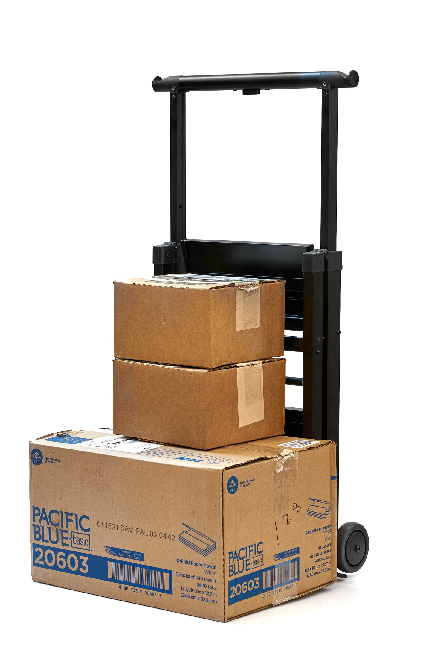 SU Folding Ladder Cart – dolly mode with boxes, 3/4 view 