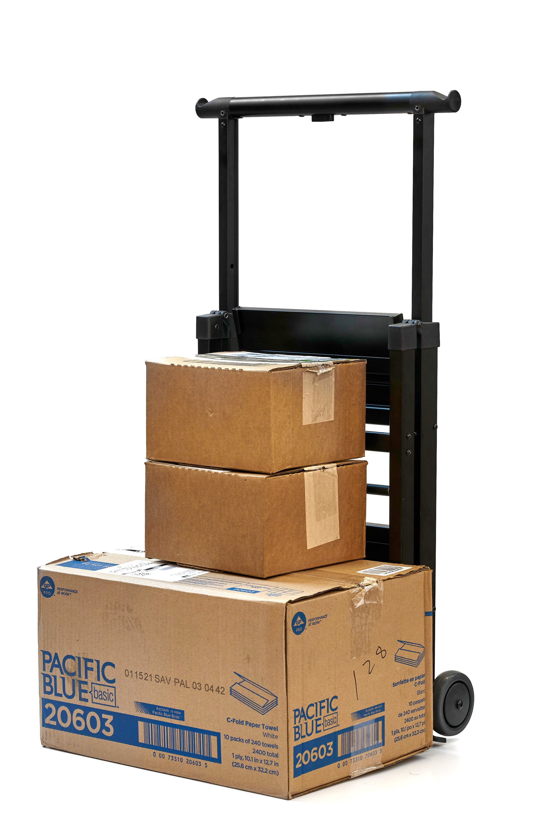 SU Folding Ladder Cart – dolly mode with boxes, 3/4 view 
