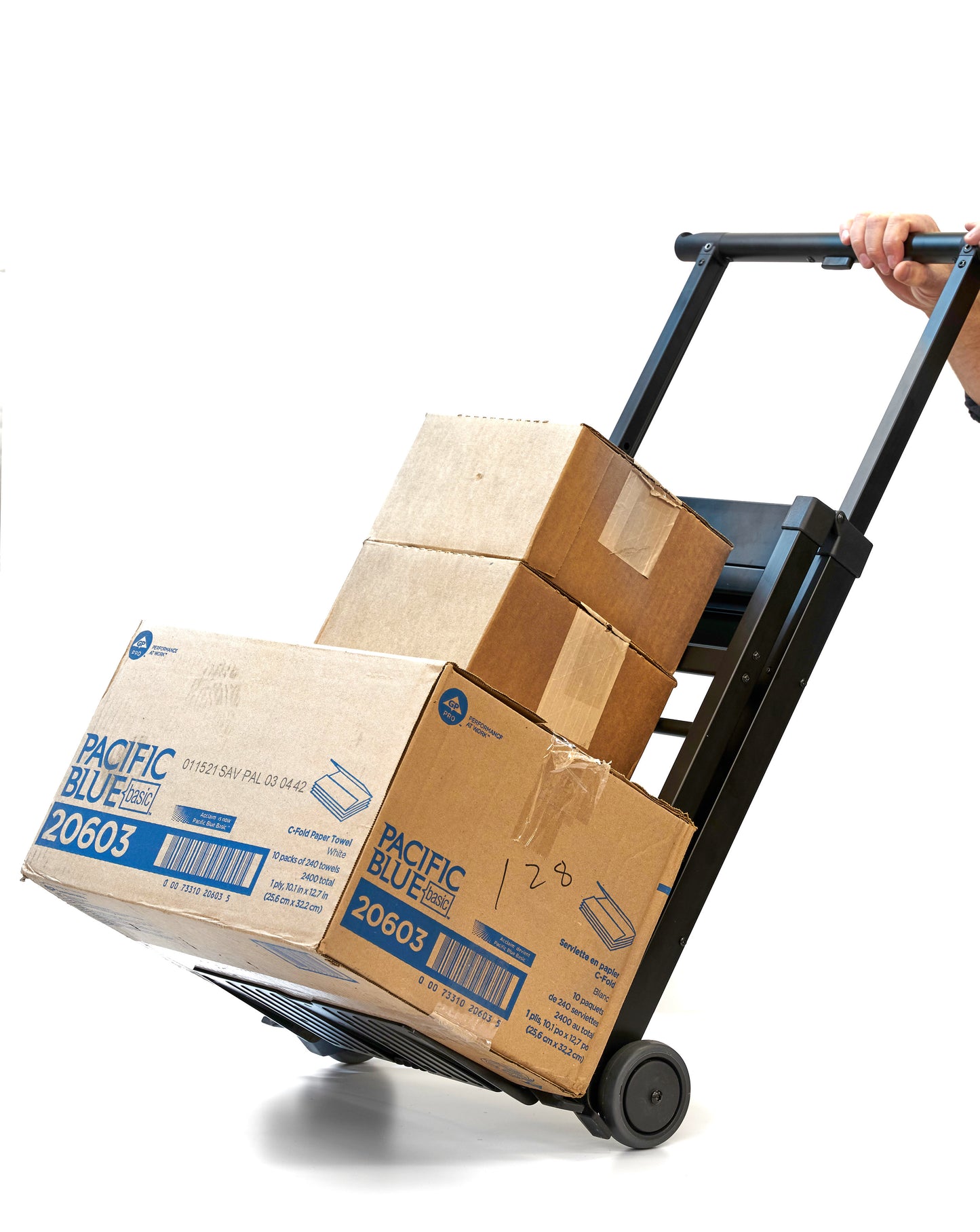 SU Folding Ladder Cart – dolly mode with boxes in motion, 3/4 view