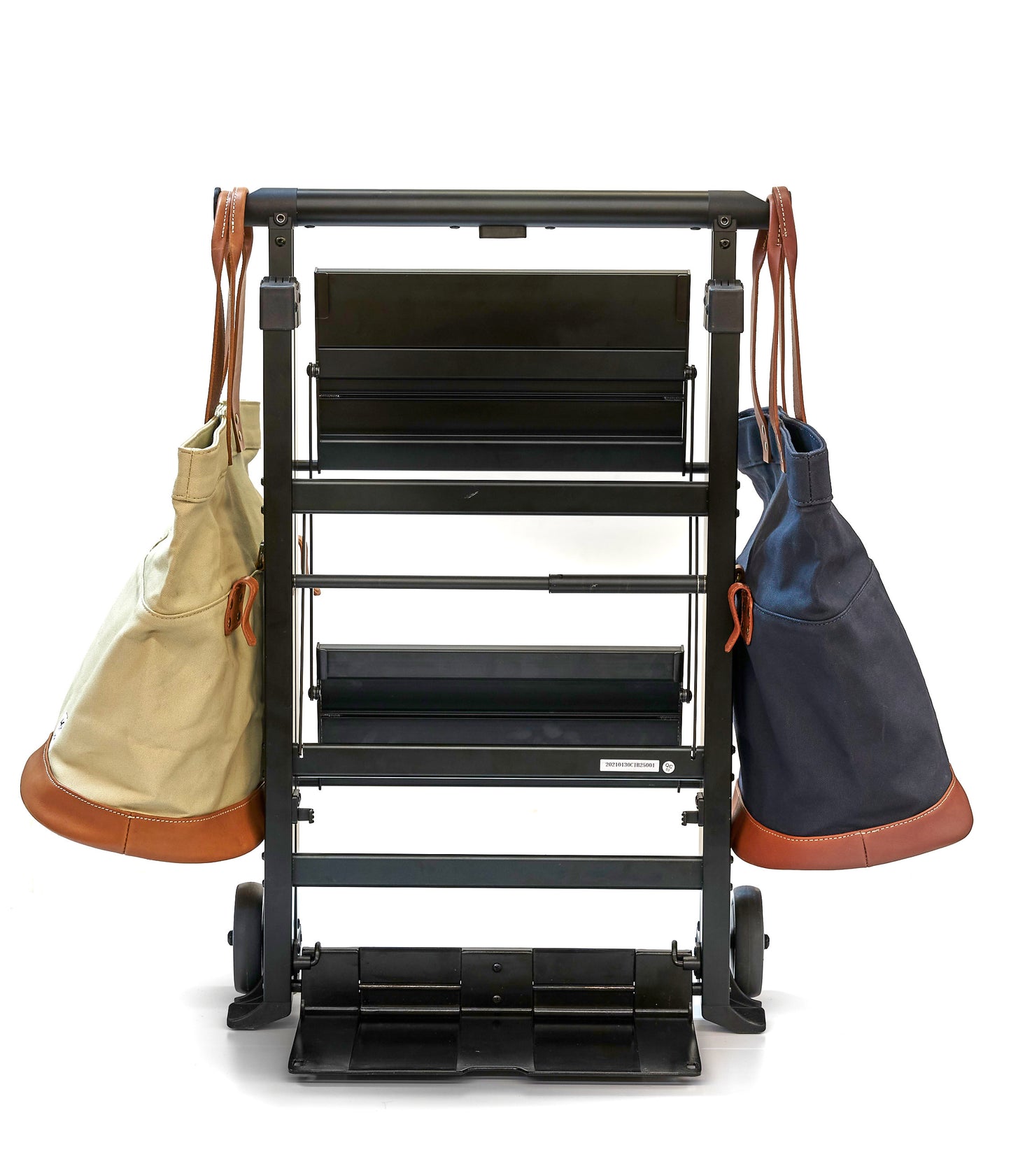 SU Folding Ladder Cart – stowing position with pannier bags on side handle, front view 